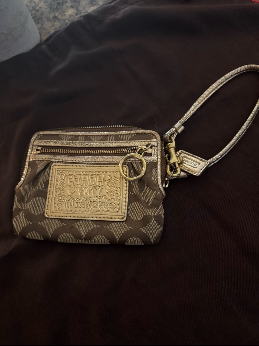 Coach Brown Signature Small Wristlet with Gold Trim